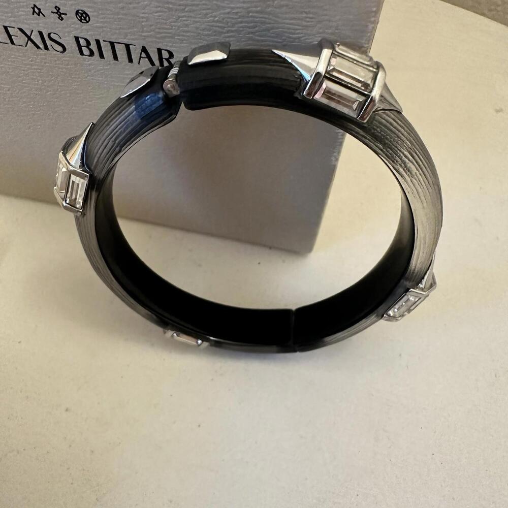 Alexis Bittar Lucite Hinged Bracelet Studded Black Silver Clear Crystal $195 EUC